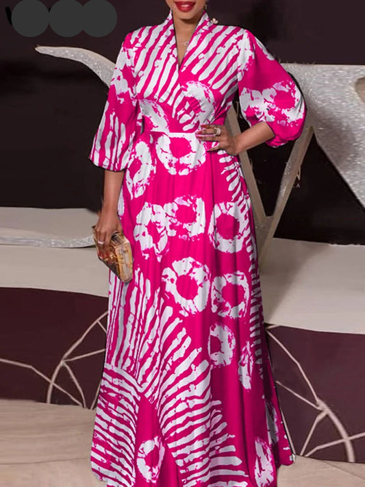 Robe longue imprimée grande taille pour femme, style bohème, élégante, col en V, manches 3/4, style décontracté, collection 2024