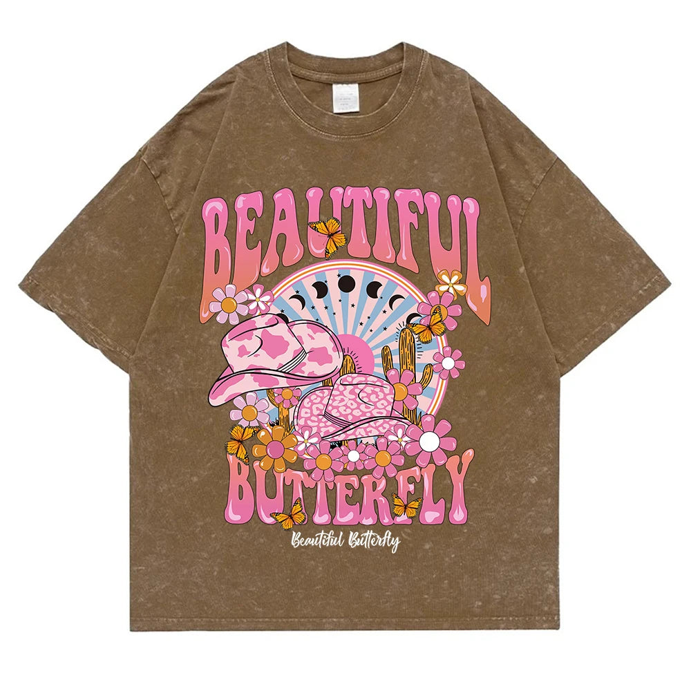 T-shirt ample en coton à manches courtes pour femmes,hommes, vêtement rétro délavé, motif monde magnifique et brillant