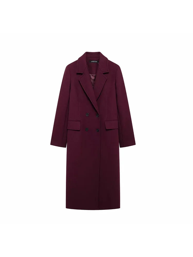 Femmes Automne Bordeaux Multicolore Laine Mélangée Pardessus pour Femmes Mode Nouveau Chaud Double Boutonnage Revers Long Manteau Veste