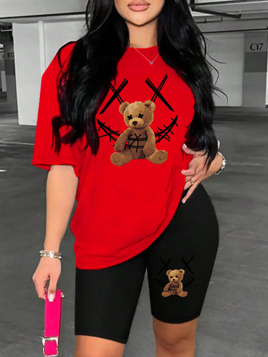 Smiling Face Plush Bear Pattern Print Womens Short Sleeved Shorts Set Soft Trendy Two Piece Set Basics Versatile Shorts Sets