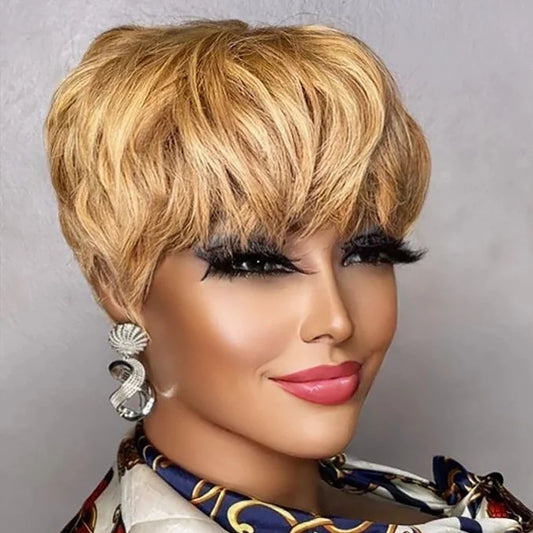 Perruque courte brune coupe Pixie, cheveux humains pour femmes noires, perruques fabriquées à la machine avec frange, perruque brésilienne colorée, perruques en cheveux humains