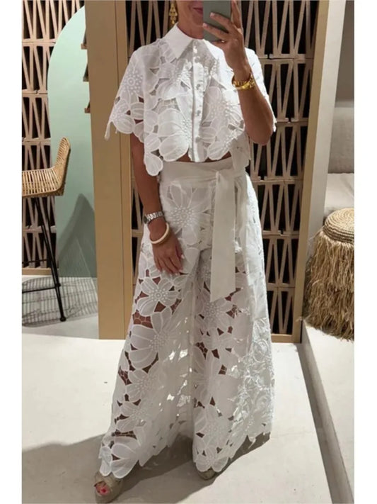 Ensemble 2 pièces sexy à revers et pantalon large pour femme, couleur unie, élégant, décontracté, ajouré