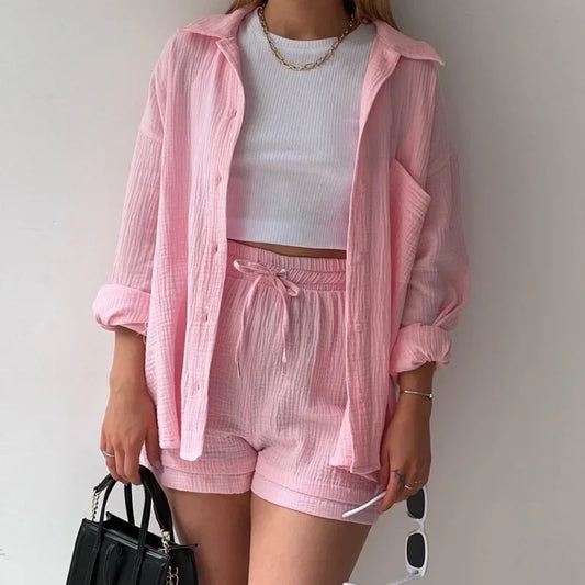 Ensemble deux pièces décontracté à manches longues et short pour femme en coton, tenue tendance à boutons, couleur unie et plissée, collection été
