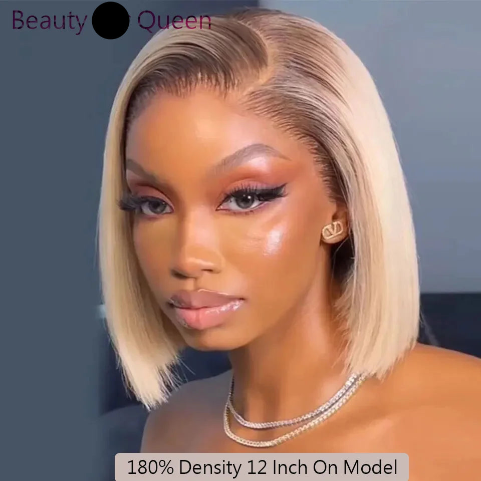Perruque courte blonde ombrée, coupe au carré, avec lace front en cheveux humains, pour femme, lisse, densité 180%, racines foncées, sans colle, lace front