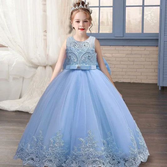 Robe de mariée robe de demoiselle d'honneur pour fille de fleur, robe de soirée à la mode, en dentelle et maille, vêtements élégants pour filles de 4 à 12 ans, couleur bleue