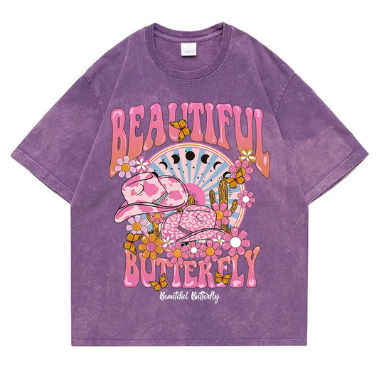 T-shirt ample en coton à manches courtes pour femmes,hommes, vêtement rétro délavé, motif monde magnifique et brillant
