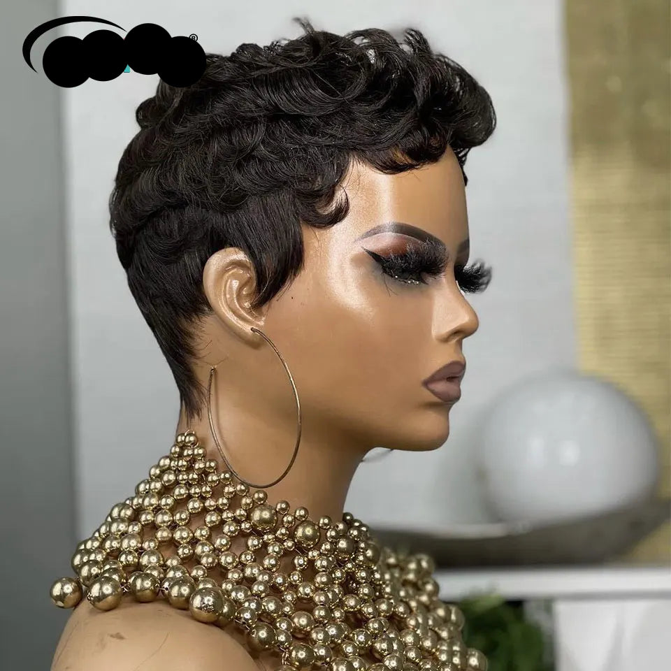 Perruque courte bouclée style pixie #1B pour femme, perruque bouclée noire naturelle en cheveux humains Remy péruviens, coupe bob, entièrement confectionnée à la machine, densité 180 %
