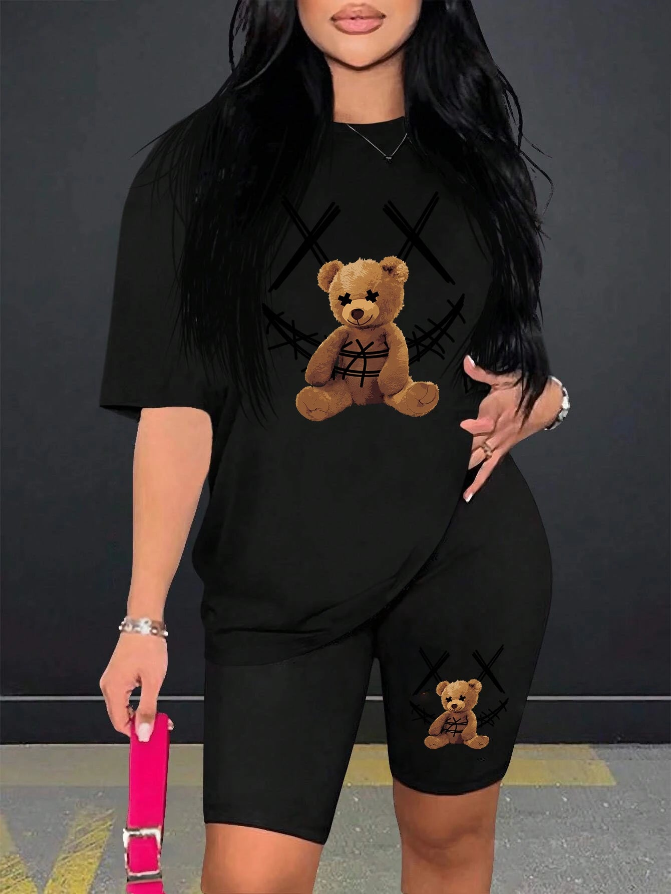 Smiling Face Plush Bear Pattern Print Womens Short Sleeved Shorts Set Soft Trendy Two Piece Set Basics Versatile Shorts Sets