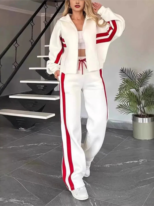 Ensemble deux pièces pour femme, haut rayé à fermeture éclair, veste, cordon de serrage, pantalon large, tenue de sport décontractée, printemps et été