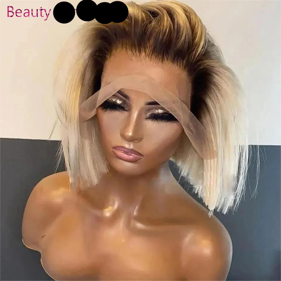 Perruque courte blonde ombrée, coupe au carré, avec lace front en cheveux humains, pour femme, lisse, densité 180%, racines foncées, sans colle, lace front