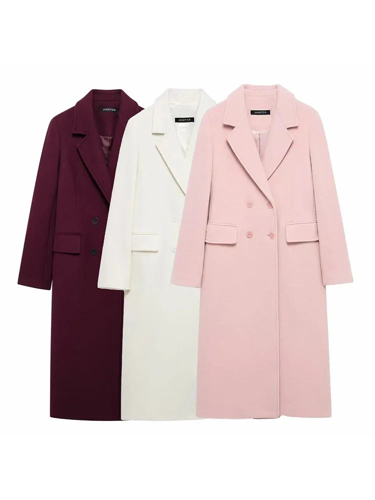 Femmes Automne Bordeaux Multicolore Laine Mélangée Pardessus pour Femmes Mode Nouveau Chaud Double Boutonnage Revers Long Manteau Veste