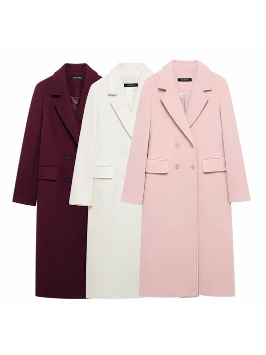 Femmes Automne Bordeaux Multicolore Laine Mélangée Pardessus pour Femmes Mode Nouveau Chaud Double Boutonnage Revers Long Manteau Veste