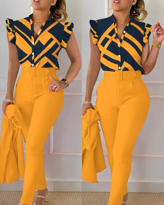 Ensemble pantalon taille haute à imprimé floral pour femme, manches en feuille de lotus, ceinture à la taille, ensemble deux pièces à col en V pour femme, ensemble de costume de travail