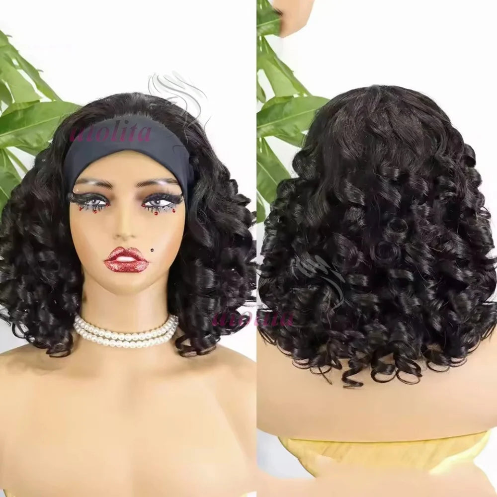 Perruque bob à bandeau densité 200%, ondulations souples, cheveux humains Remy brésiliens de 35 cm (14 pouces), confectionnée à la machine, pour femmes noires