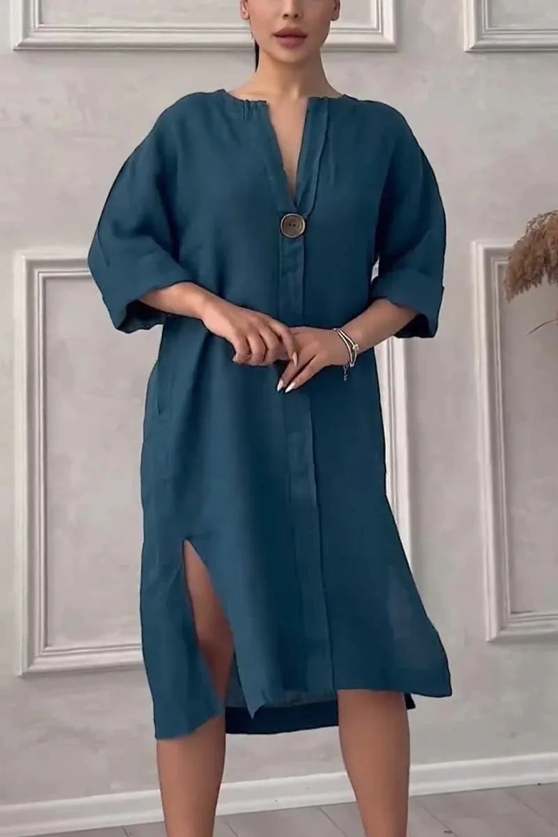Robe longue décontractée à col rond et boutons en coton et lin pour femme, couleur unie