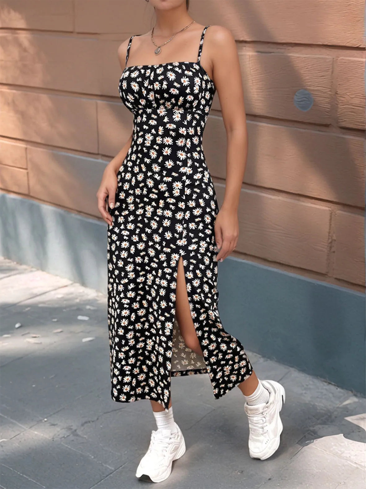 Robe mi-longue à imprimé floral pour femme, sans manches, fendue, moulante, style vintage français, idéale pour la plage, un rendez-vous, une soirée ou une fête au bureau
