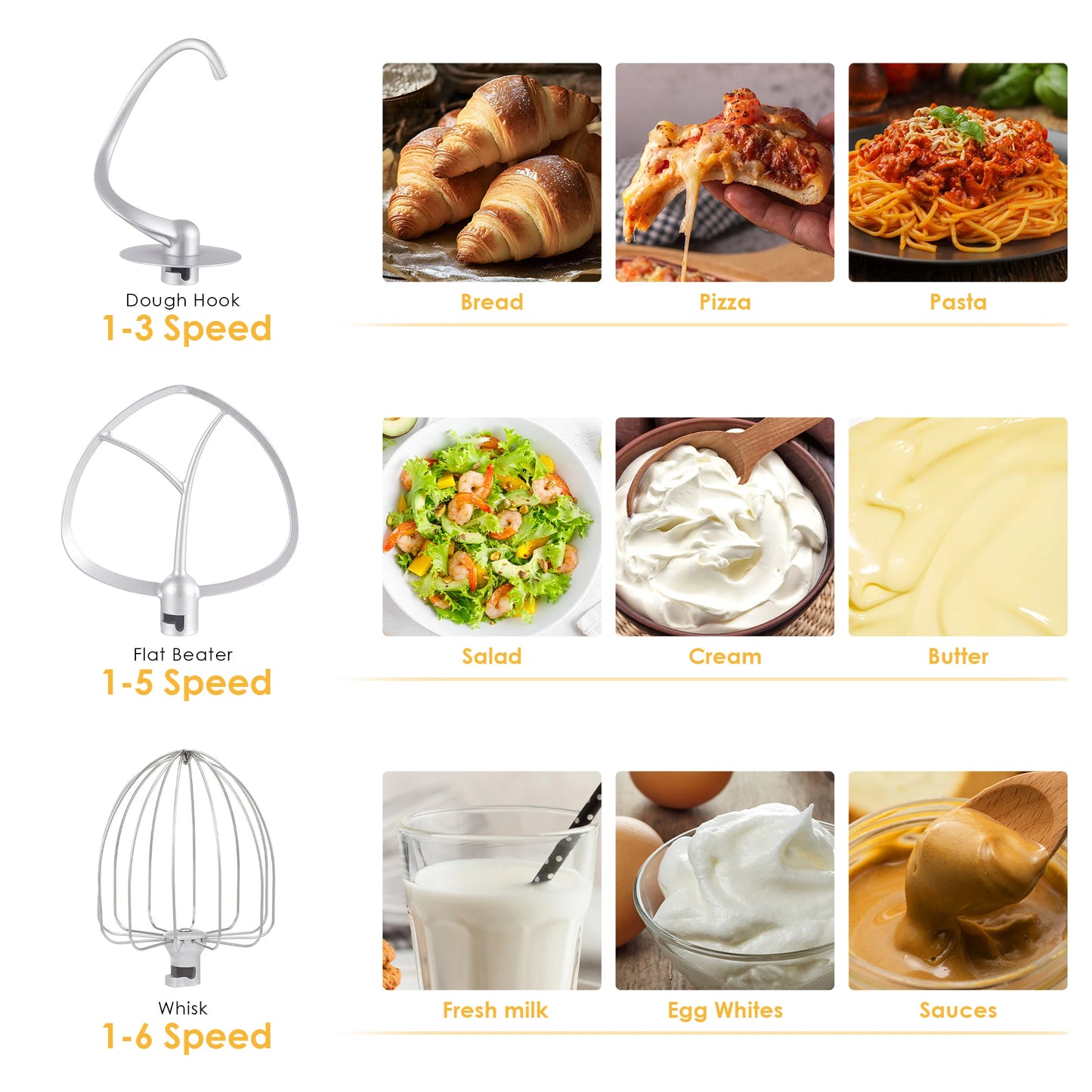 Robot pâtissier, mixeur, moteur silencieux, fouet à œufs, pétrin, 6 compartiment, vitesse, 1200 W, 6 L, DC