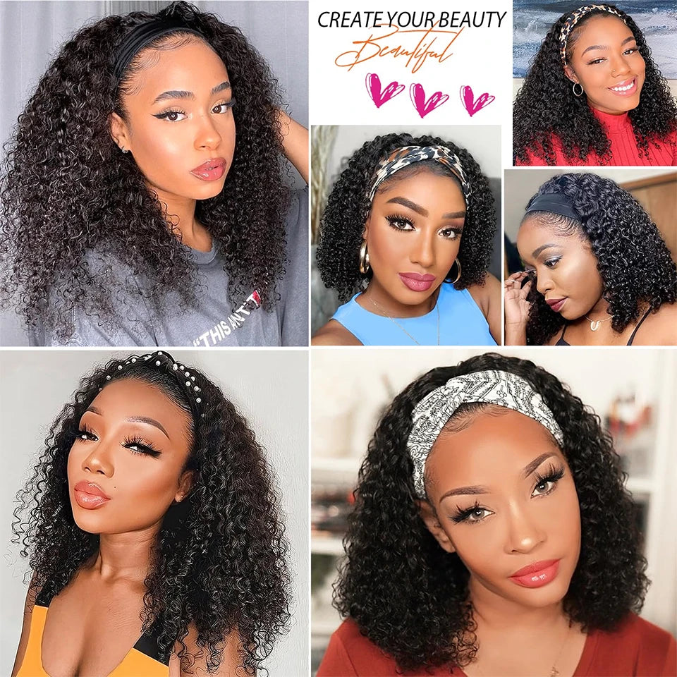 Perruque Jerry Curl avec bandeau, cheveux humains courts, perruques sans colle pour femmes noires, perruque bob Remy ondulée, fabriquée à la machine