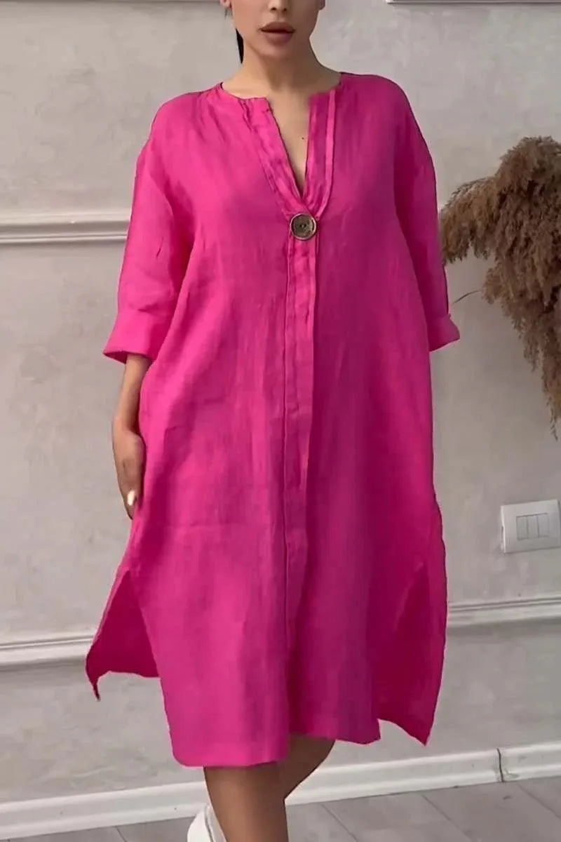 Robe longue décontractée à col rond et boutons en coton et lin pour femme, couleur unie