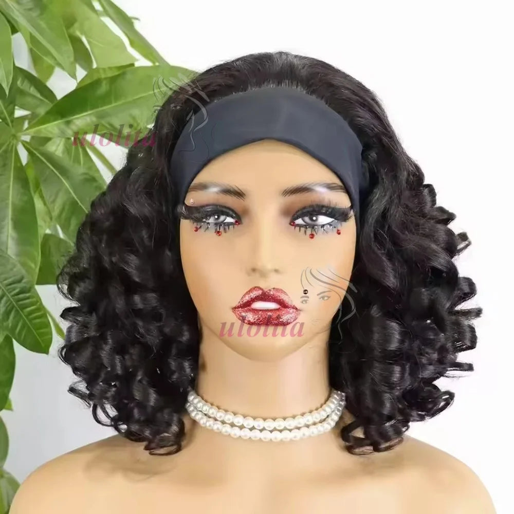 Perruque bob à bandeau densité 200%, ondulations souples, cheveux humains Remy brésiliens de 35 cm (14 pouces), confectionnée à la machine, pour femmes noires