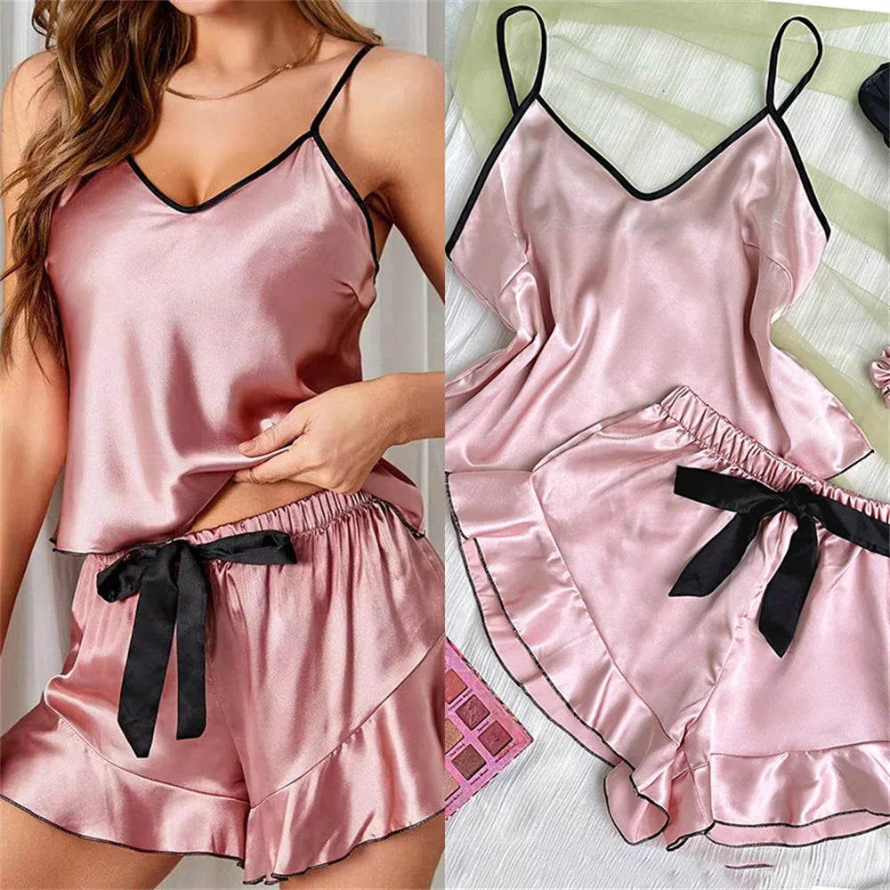 Pyjama en satin lisse pour femme, t-shirt col V, bords volantés et short à nœud, ensemble de pyjama simple et respirant, vêtements de maison