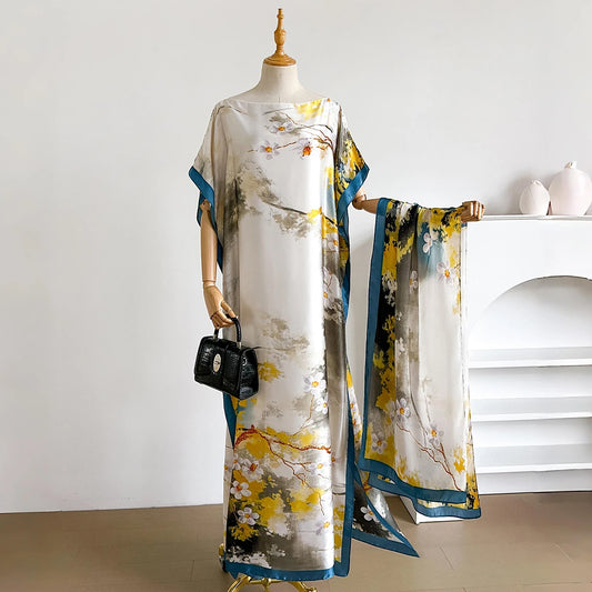 Nouvelle robe d'été Abaya africaine  pour femmes, en coton, à manches courtes, imprimée, estampillée or, ample, longue, avec grand foulard