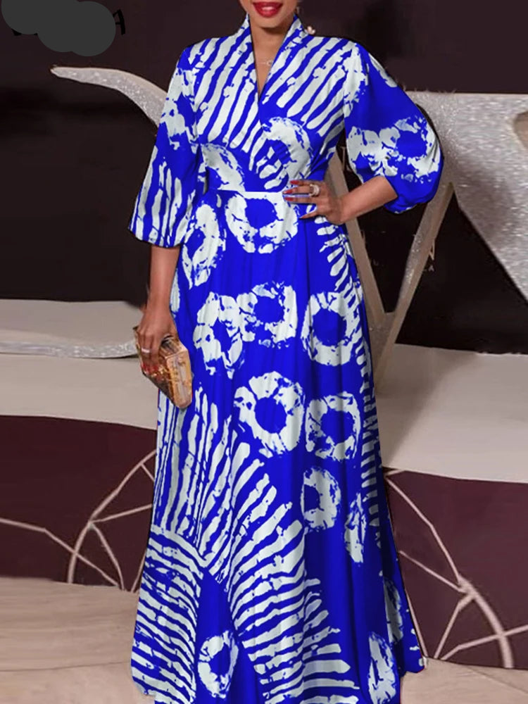 Robe longue imprimée grande taille pour femme, style bohème, élégante, col en V, manches 3/4, style décontracté, collection 2024