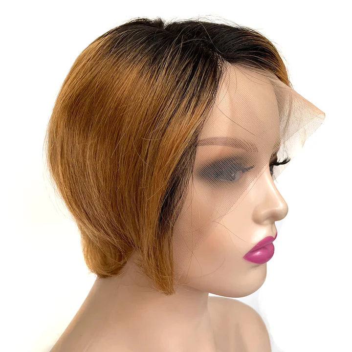 perruque brésilienne pixie cut bob wig t-part lace color 1b/30 remy rawhair