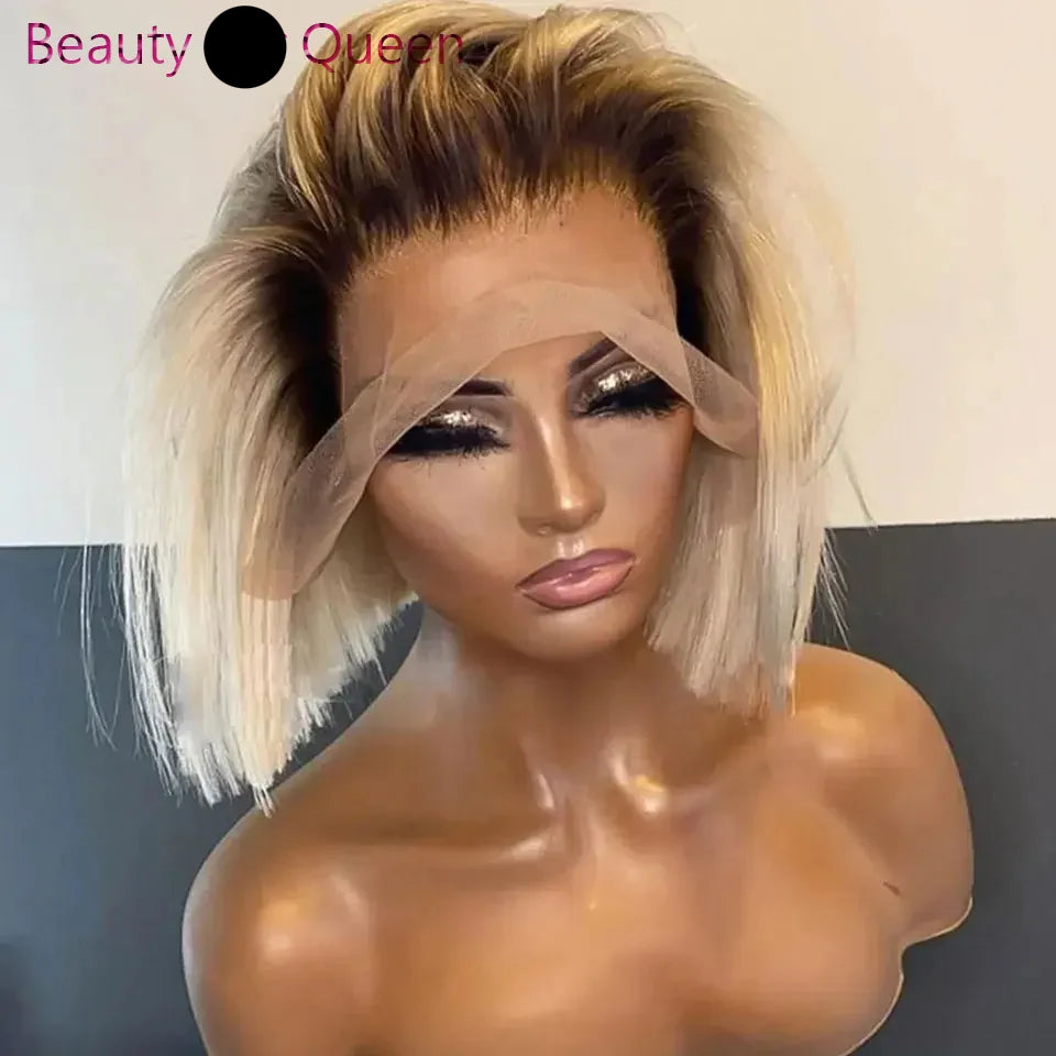 Perruque courte blonde ombrée, coupe au carré, avec lace front en cheveux humains, pour femme, lisse, densité 180%, racines foncées, sans colle, lace front
