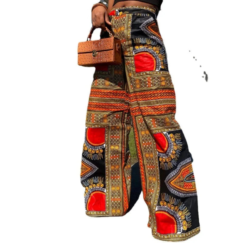 Pantalon large style bohème pour femme, taille élastique, imprimé Dashiki, style africain, décontracté, long, collection printemps-automne