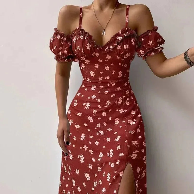 Ruffle Floral Party Sexy Dress Women Summer Elegant Sling Off Shoulder Dresses Female V Neck  Slim Maxi Printed Dress Robe 21764