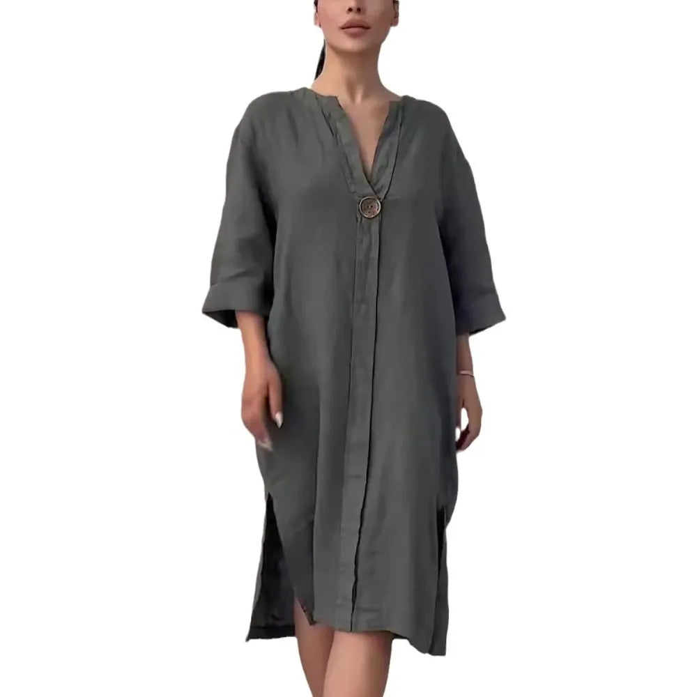 Robe longue décontractée à col rond et boutons en coton et lin pour femme, couleur unie