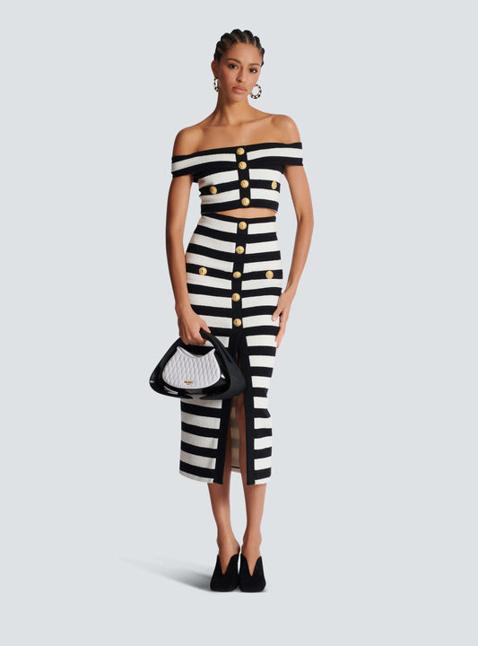 ensemble deux pièces jupe et top jupe à rayures et top col bateau pour femme, ensemble 2 pièces, tenue élégante et tendance, idéale pour le bureau, nouvelle collection