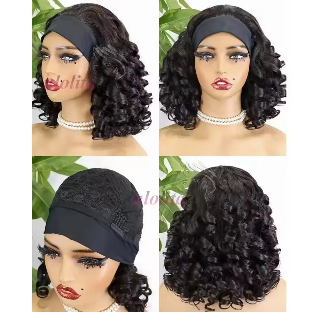 Perruque bob à bandeau densité 200%, ondulations souples, cheveux humains Remy brésiliens de 35 cm (14 pouces), confectionnée à la machine, pour femmes noires