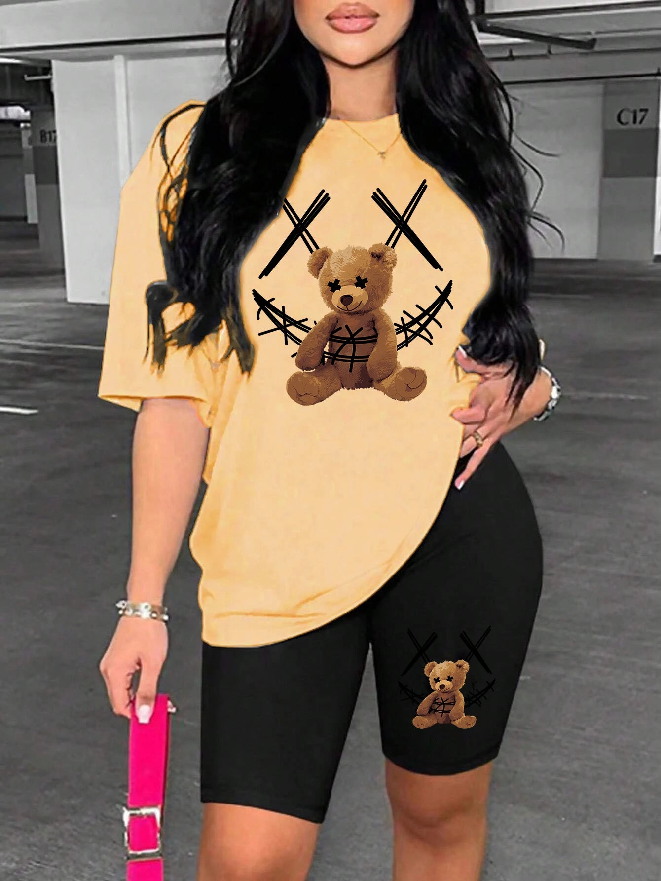 Smiling Face Plush Bear Pattern Print Womens Short Sleeved Shorts Set Soft Trendy Two Piece Set Basics Versatile Shorts Sets