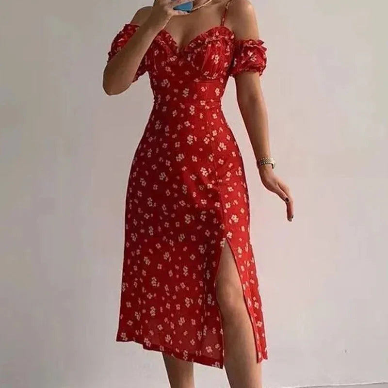 Ruffle Floral Party Sexy Dress Women Summer Elegant Sling Off Shoulder Dresses Female V Neck  Slim Maxi Printed Dress Robe 21764