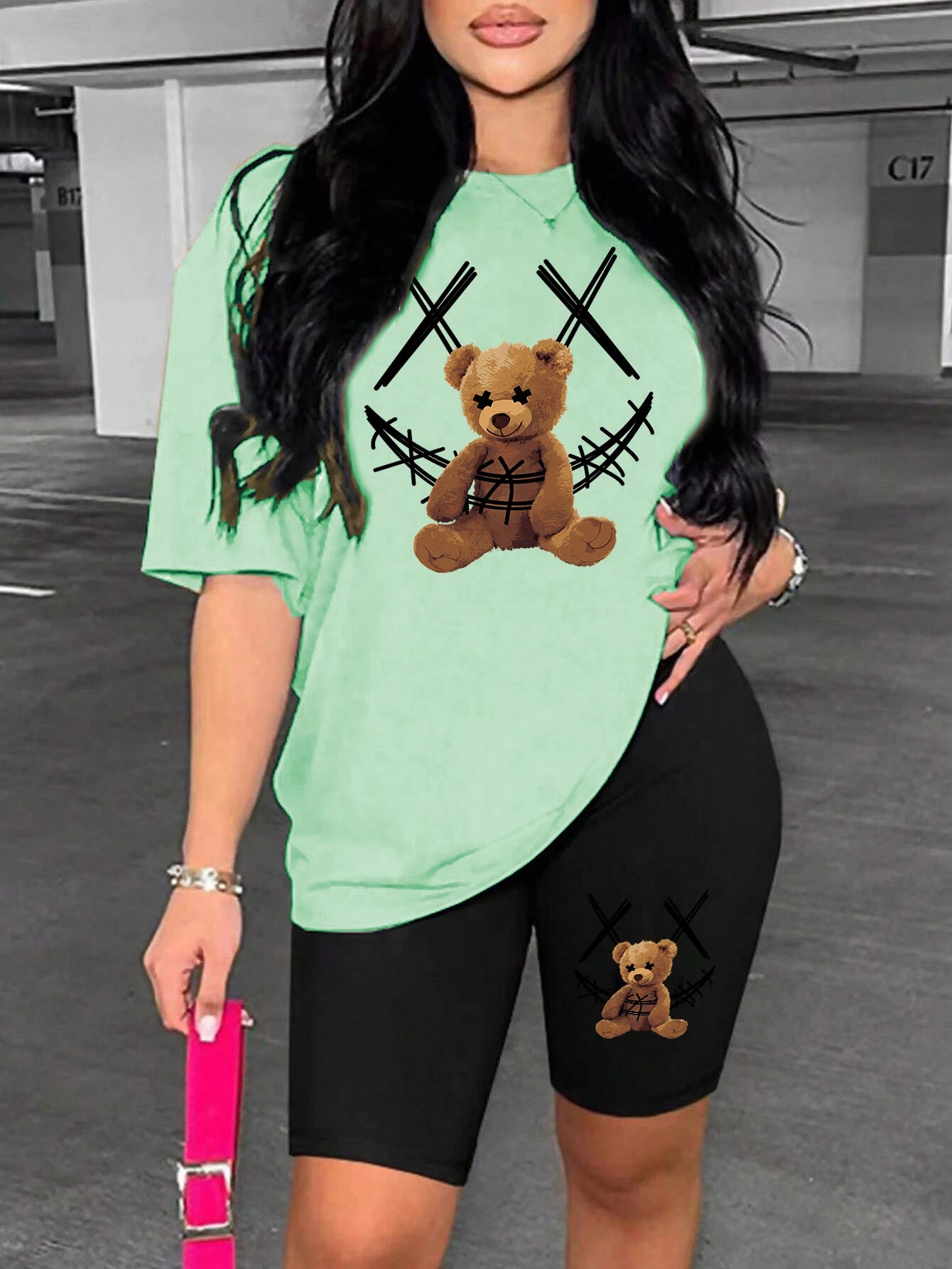 Smiling Face Plush Bear Pattern Print Womens Short Sleeved Shorts Set Soft Trendy Two Piece Set Basics Versatile Shorts Sets
