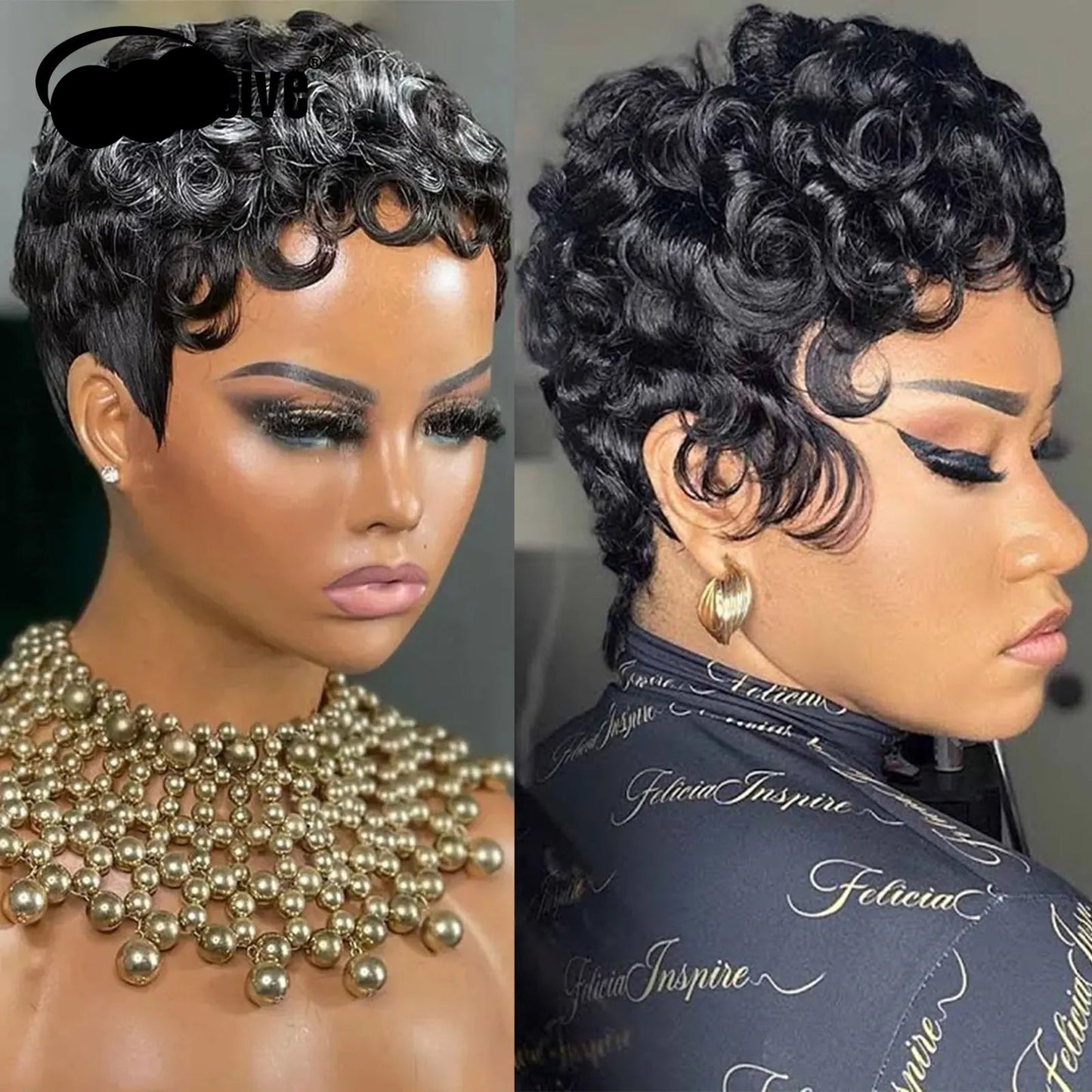 Perruque courte bouclée style pixie #1B pour femme, perruque bouclée noire naturelle en cheveux humains Remy péruviens, coupe bob, entièrement confectionnée à la machine, densité 180 %