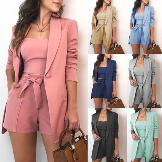 Ensemble trois pièces pour femme, haut et short taille haute, couleur unie, printemps/été
