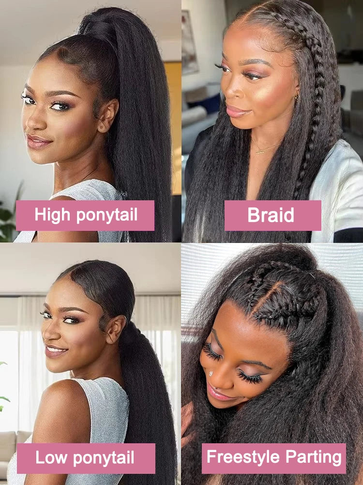 Perruques brésiliennes en cheveux humains crépus lisses haute densité avec dentelle frontale HD pré-épilée.