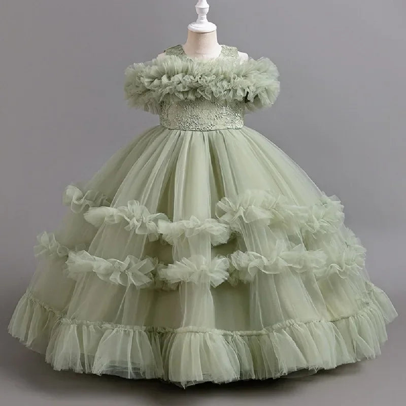 Robe de mariée robe de demoiselle d'honneur pour fille de fleur, robe de soirée à la mode, en dentelle et maille, vêtements élégants pour filles de 4 à 12 ans, couleur bleue