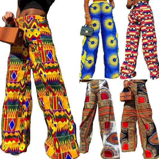 Pantalon large style bohème pour femme, taille élastique, imprimé Dashiki, style africain, décontracté, long, collection printemps-automne
