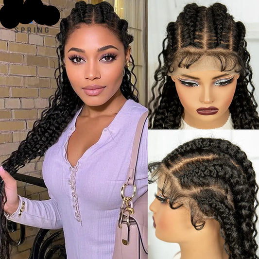 Perruques tressées en tresses de 34 pouces avec extrémités bouclées, perruques synthétiques en dentelle complète, perruque frontale en dentelle tressée pour femmes noires