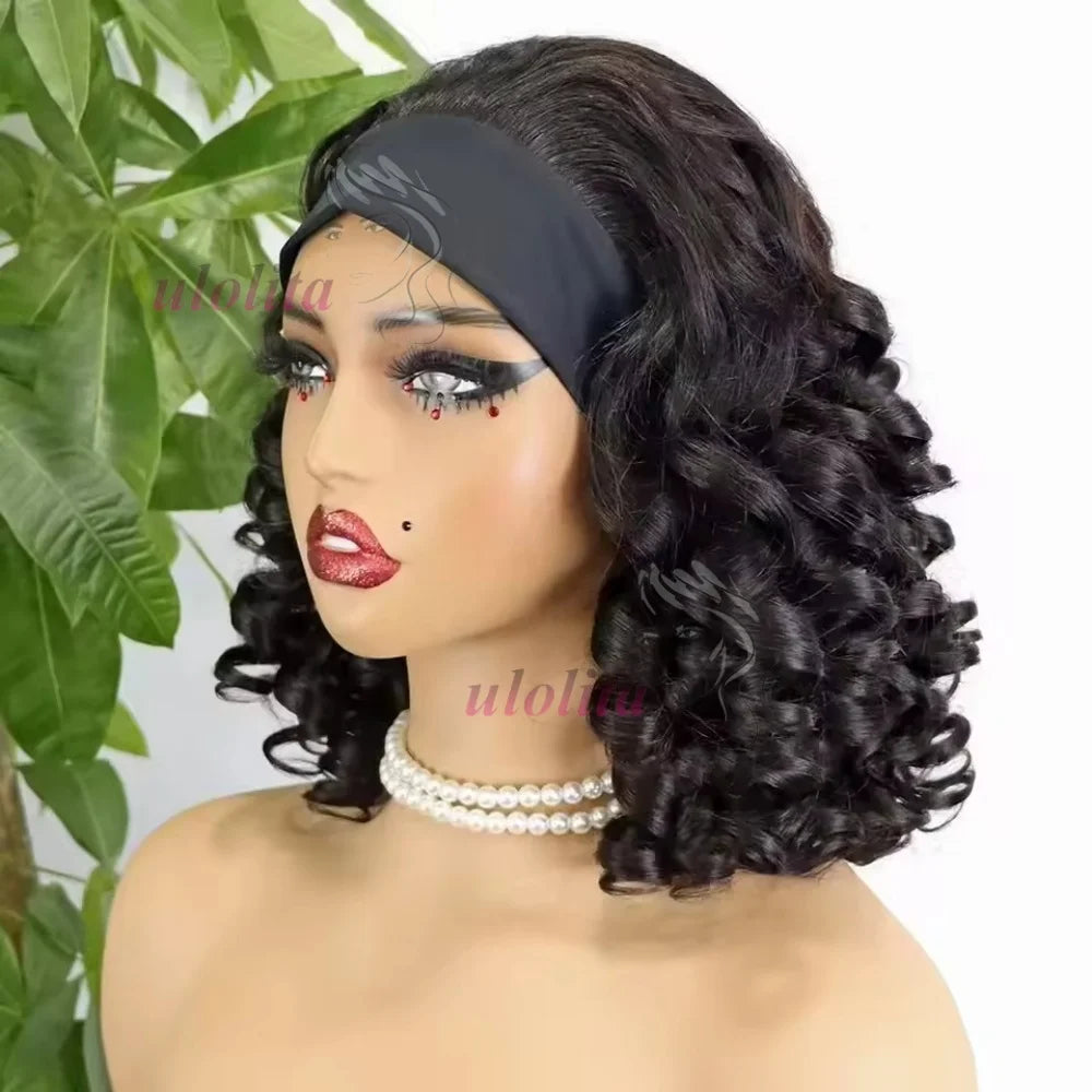 Perruque bob à bandeau densité 200%, ondulations souples, cheveux humains Remy brésiliens de 35 cm (14 pouces), confectionnée à la machine, pour femmes noires