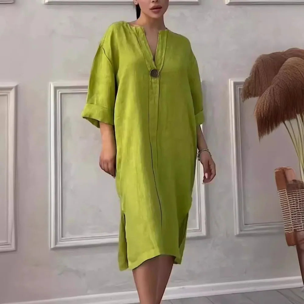 Robe longue décontractée à col rond et boutons en coton et lin pour femme, couleur unie