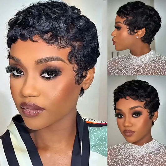 Perruque courte bouclée style pixie #1B pour femme, perruque bouclée noire naturelle en cheveux humains Remy péruviens, coupe bob, entièrement confectionnée à la machine, densité 180 %