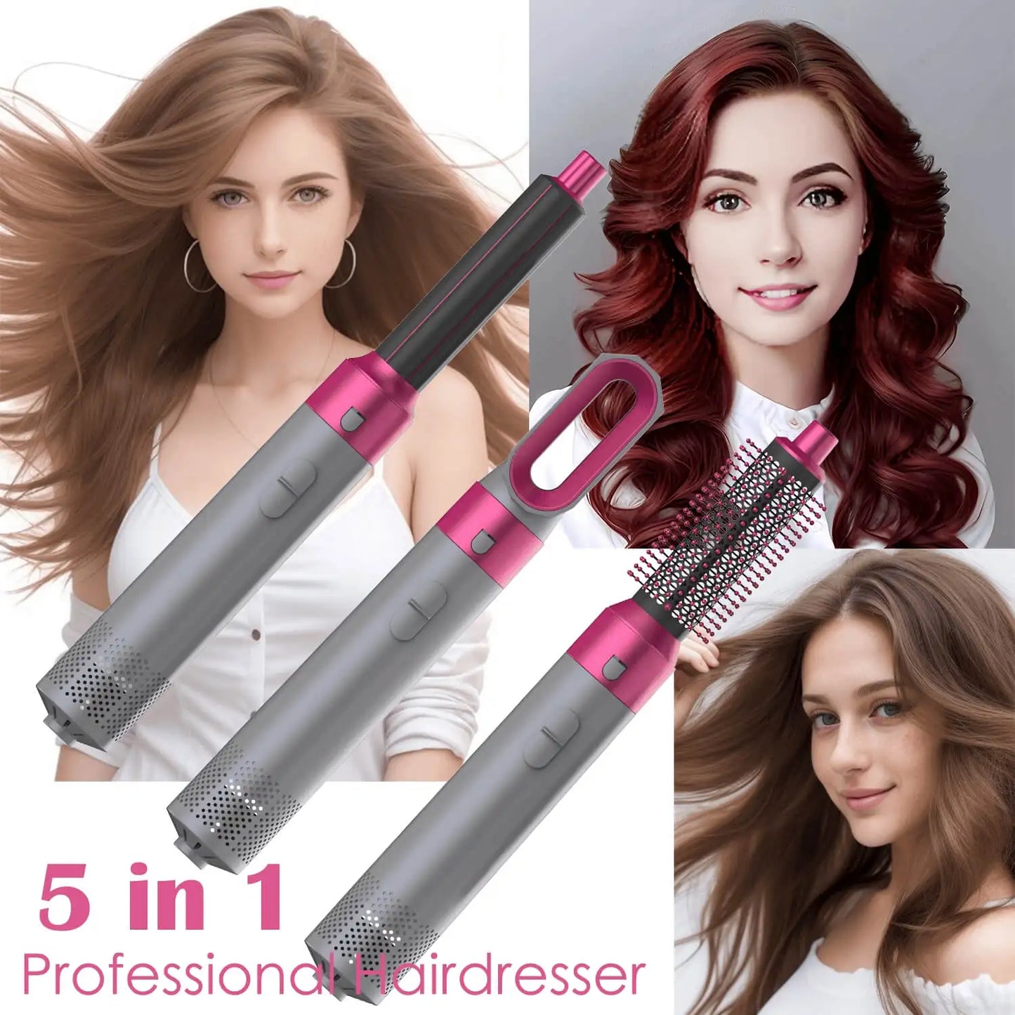 Sèche-cheveux 5 en 1, peigne à air chaud pour boucler, lisser et donner du volume aux cheveux, avec accessoires amovibles