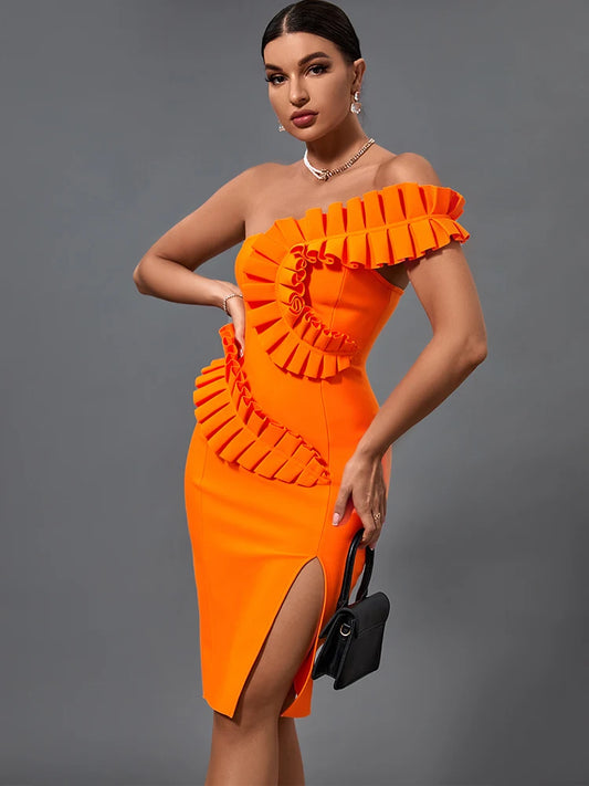 Robe bandage à volants , nouvelle collection, robe bandage orange pour femmes, élégante, sexy, asymétrique, robe de soirée, boîte de nuit, haute qualité, été