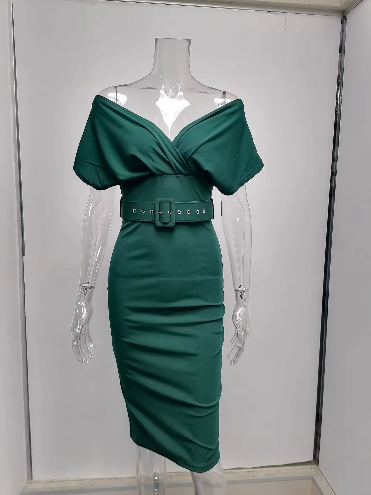 robe de soirée chic femme , robe cocktail élégante bandeau moulante mi longue col V