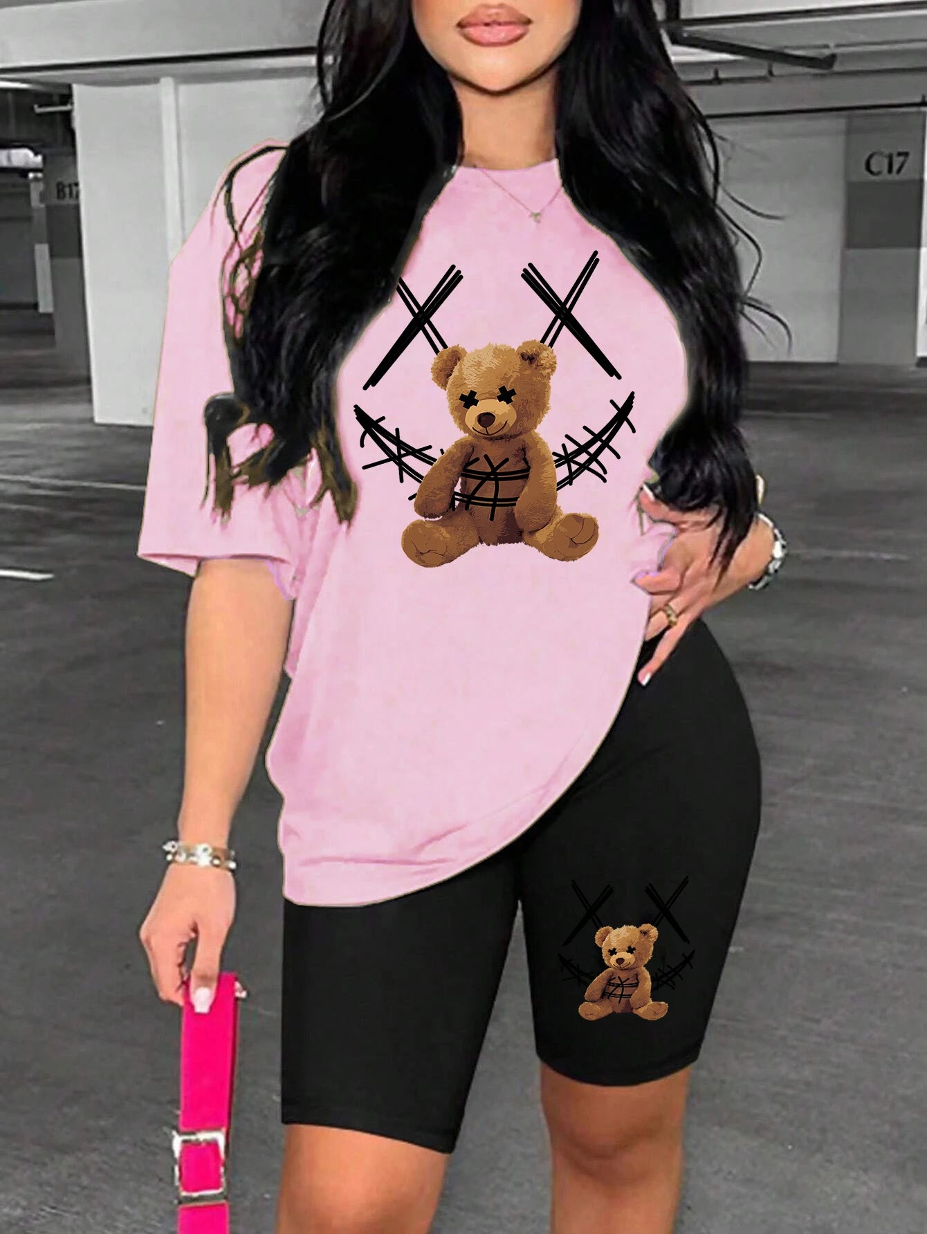 Smiling Face Plush Bear Pattern Print Womens Short Sleeved Shorts Set Soft Trendy Two Piece Set Basics Versatile Shorts Sets